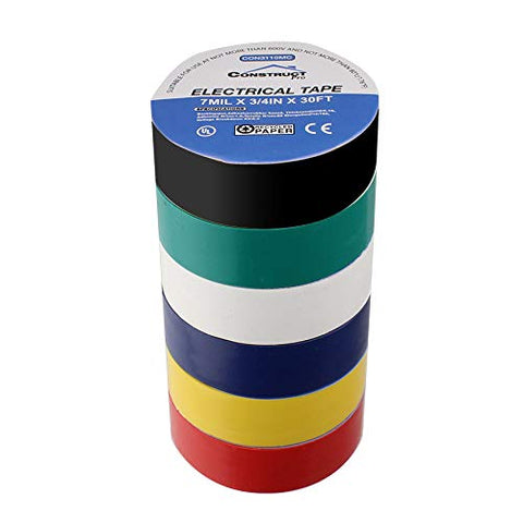 Construct Pro 3/4in x 30ft UL-Listed Electrical Tape, 6 Pack (Multi-Color)